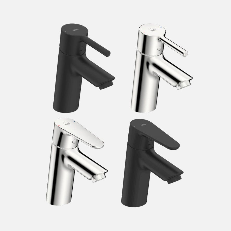 Four different styles of faucets on a white background