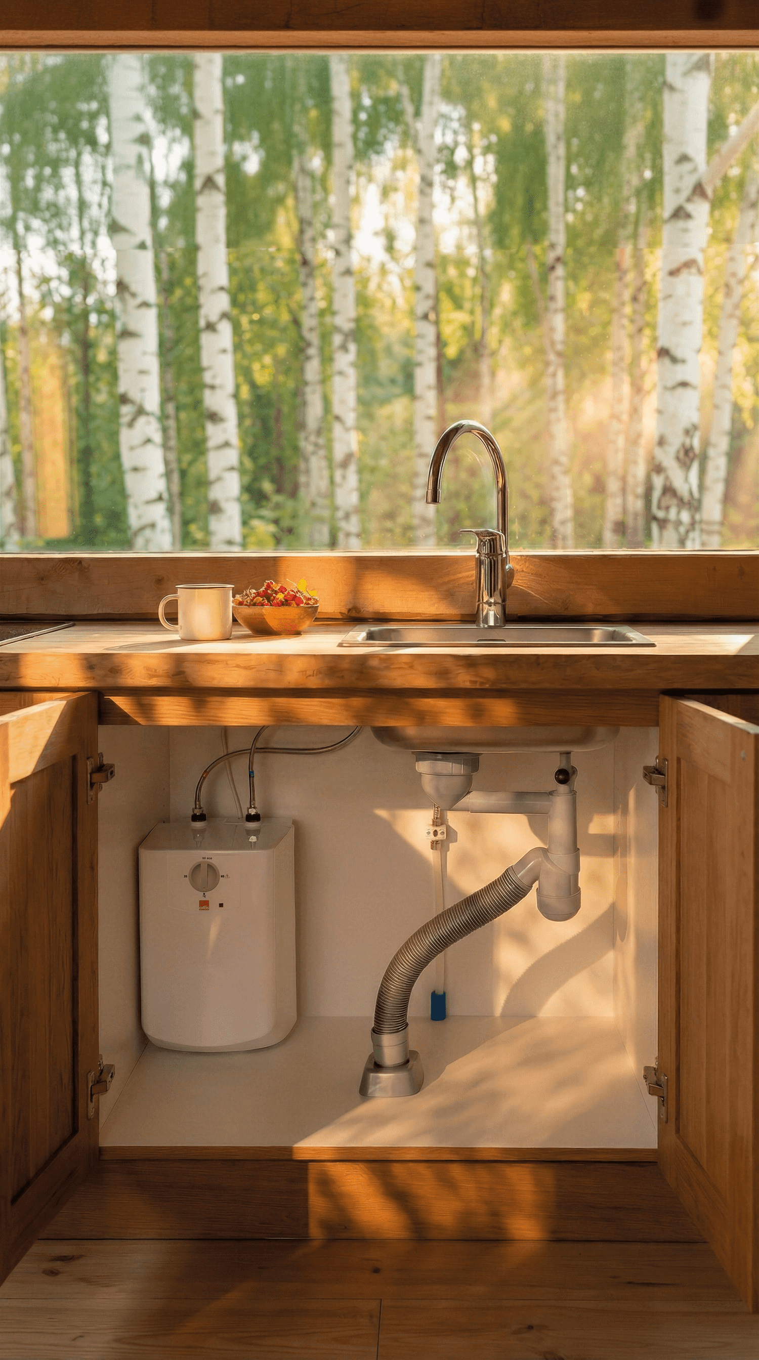 Under-sink area with plumbing and a view of trees through a window.
